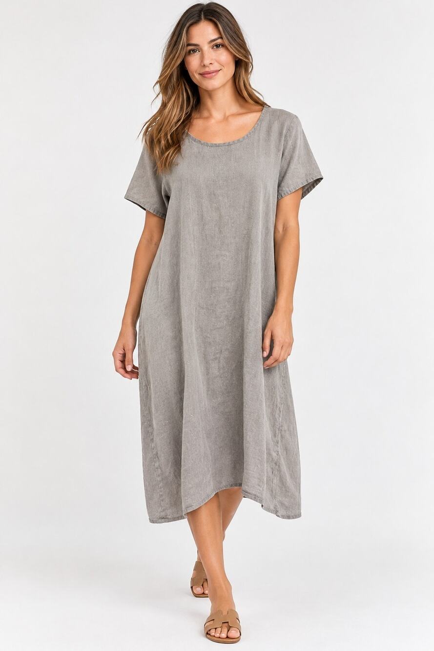 FLAX Beige Linen Midi Shirt Dress Medium